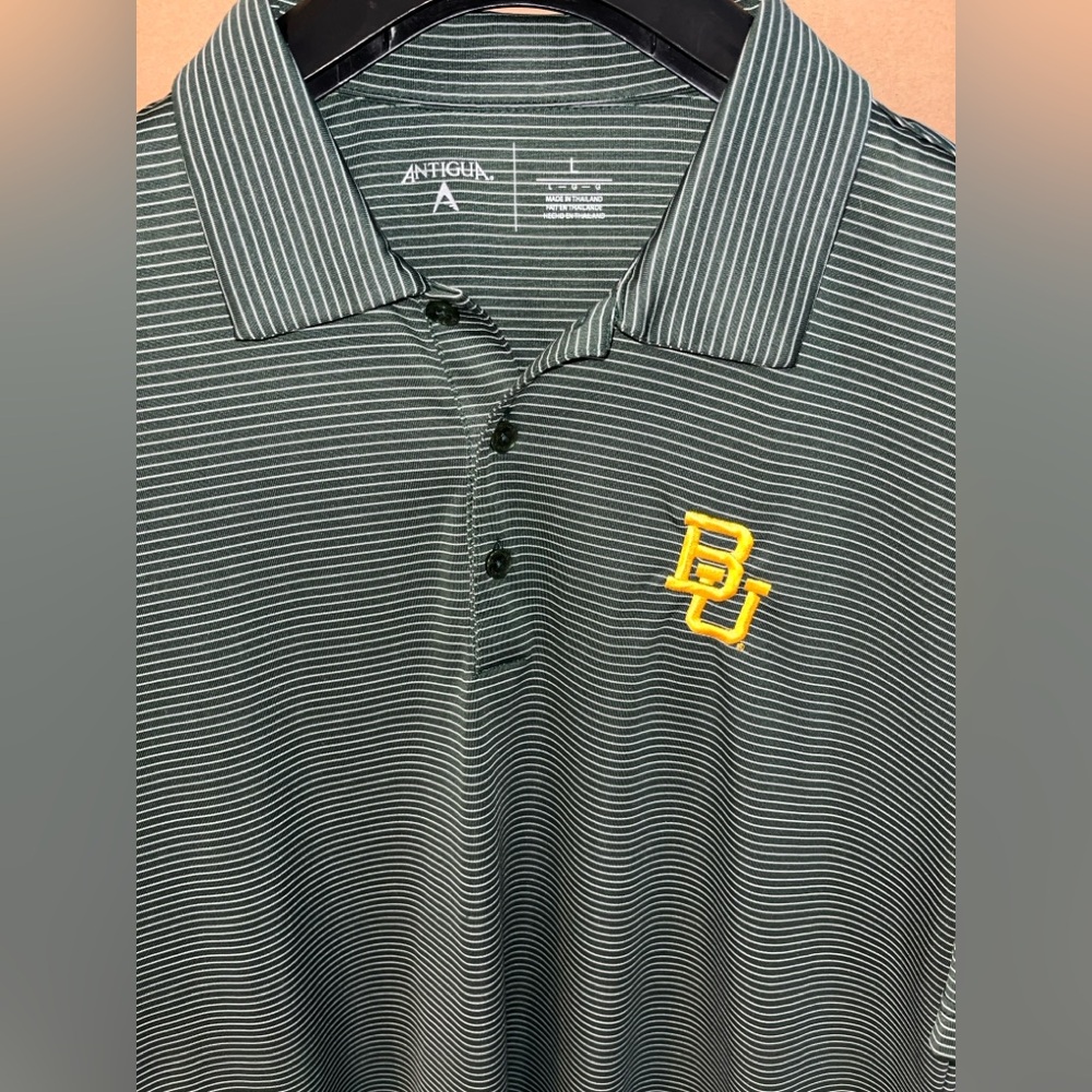 Baylor University Polo Shirt Mens Large Green Striped NCAA Antigua Polyester $$